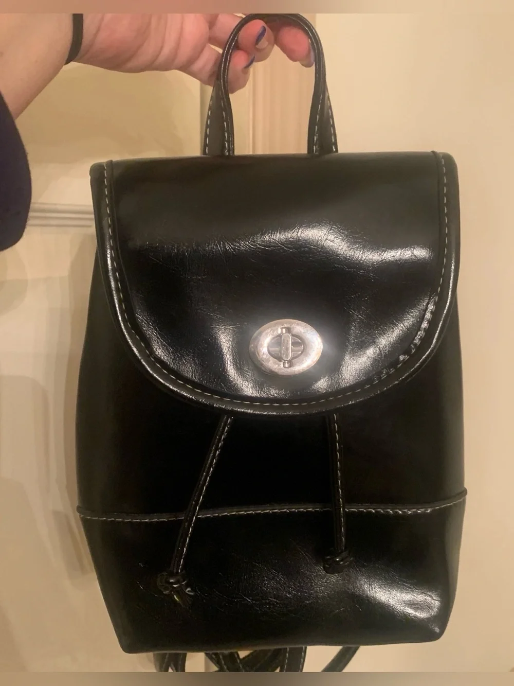 Black Faux Leather Drawstring Backpack - Unbranded